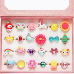 Little Girl Jewelry Rings In Box, 24PCS Cute Animal & Flower Shaped Adjustable Plastic Ring Set-image-44