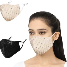 Anti-Pollution, Anti-Bacterial (BFE>99%) 4 Layer Embroidered, Designer, Fashionable & Protective Cotton Cloth Face Mask Combo for Women with Detachable Chain & Mask Bag Sunflower_Combo_Medium_02 Reusable, Washable Cloth Mask-0