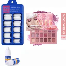 100 Pcs Reusable Acrylic False Nails With Nail Glue & 18 Colors Pigmented The New Nude Eyeshadow Palette Blendable Long Lasting-15