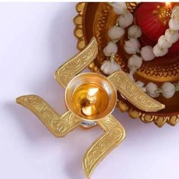 Swastik Silver Golden Aluminium Diya with Red Velvet Box Elegant Brass Table Diya-image-64