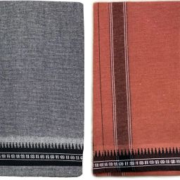 Prakasam Cotton Premium quality Mens Kerala Style Thalapathi Border Single (1.28X2.00 mtrs) -Dhoti-kerala Single mundu (Pack of 2 dhoties)-Ash:Kaavi Solid Men Dhoti-image-71