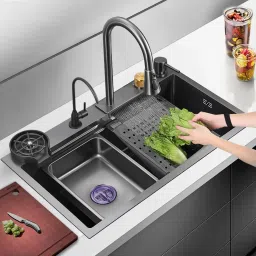 Stainless Steel Waterfall 24X18X9 INCH Kitchen Sink with Anti Scratch Honeycomb Luxurious Sink for Kitchen with Pull Down Faucet -Multifunctional Sink Vessel Sink-image-39