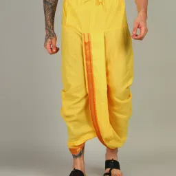AKESHAVAM Mens Mango Colour Panjakejam Readymade Golden Zari Border Dhoti Free size Silk Embroidered, Striped, Solid Men Dhoti-picture-5