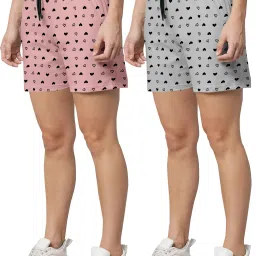 Pack of 2 Printed, Self Design Women Pink, Grey Basic Shorts, Beach Shorts, Boxer Shorts, Casual Shorts, Night Shorts, Regular Shorts-6