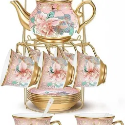 Pack of 13 Porcelain Tea Set Teapot with 6 Cups,6 Saucers & Holder Stand Random Pattern Designs-13