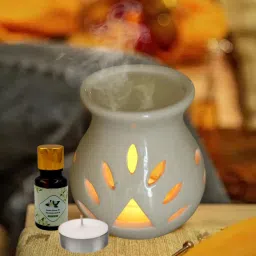 Medium Ceramic White Diffuser With 10ml Jasmine Fragrance, One Tea Light Candles Diffuser Set, Aroma Oil-24