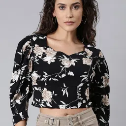 SHOWOFF Black Floral Print Sweetheart Neck Puff Sleeve Georgette Blouson Crop Top-image-15