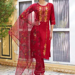VredeVogel Women Floral Embroidered Regular Kurta with Trousers & With Dupatta-picture-56