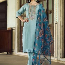VredeVogel Women Floral Embroidered Regular Thread Work Kurta with Trousers & With Dupatta-image-36