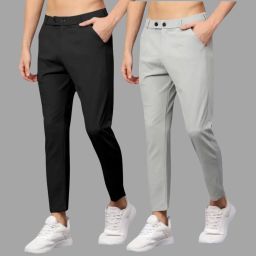 Pack of 2 Men Slim Fit Black, Silver Lycra Blend Trousers-image-62
