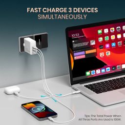Portronics Adapto 100 Multiport Charger with dual USB-C PD and USB-A ports, designed for fast charge capability and universal device compatibility. image 4
