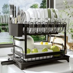 Dish Drainer Kitchen Rack 2 Tier Dish Rack with Drainboard, Rustproof Dish Drainer with Cup Holder Carbon Steel-image-66
