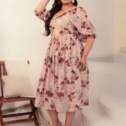 Janasya Plus Size Georgette Floral Fit & Flare Dress-picture-30