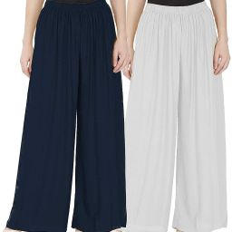 Pack of 2 Women Regular Fit Blue, White Viscose Rayon Trousers-image-52
