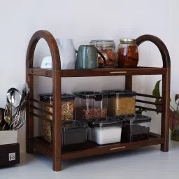 Containers Kitchen Rack Arika Solid Wood Teak Finish Kitchen Rack With 2 Open Storage Shelves Wood-image-4