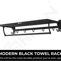 grivan Stylish Foldable Towel Rack | Holder | Stand | Shelf With Hooks And Hanger Black Matte Towel Holder image 3