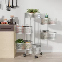 5+1 Layer Kitchen Metal Storage Rack with Wheels | Round Shape - Silver Iron Kitchen Trolley-image-70