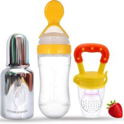Stainless Steel Feeding Bottle(150ml) Silicone Spoon Feeder (90ml) & Fruit Feeder for Babies -304 SS-No Joints-Anti Colic Silicon Nipple-Food Grade Silicon Feeder BPA Free Pack 3 - 150 ml-11
