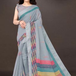 Printed, Solid/Plain Ikkat Cotton Blend Saree-image-66