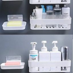 Bathroom Shelf Kitchen Shelf Soap Box Stand Combo - Wall Mount Bathroom Accessories for Home Decor with Self Adhesive Sticker - White (Combo Bathroom Shelves 4Pcs+ Soap Stand 4Pcs) Plastic Wall Shelf-picture-15
