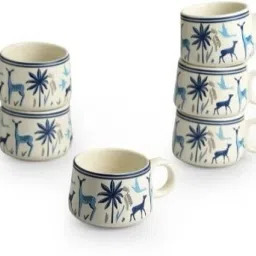 Pack of 6 Ceramic Tea Cups Set of 6 | Blue Floral & Deer Design-13