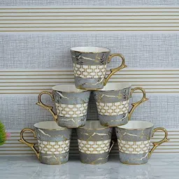 Pack of 6 Bone China Indian Ceramic Fine Bone China Grey Gold Line Tea Cup - 6 Pcs, 155 ML-18