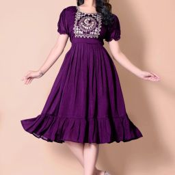 Women Fit and Flare Purple Below Knee Dress-image-70