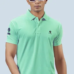 3bros Men Solid Polo Neck Cotton Blend Light Green T-Shirt-picture-5
