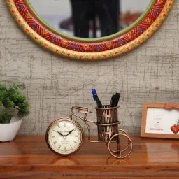 craft tree Metal Handpainted Decorative Cycle Pen Stand Showpiece With Clock in Golden Finish-picture-11