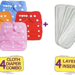 All New Solid Daily Use Reusable Washable Cloth Diaper/Nappy With White Soft Insert For Baby New Born To Year ( 4 diaper +4 Insert ) N1-1