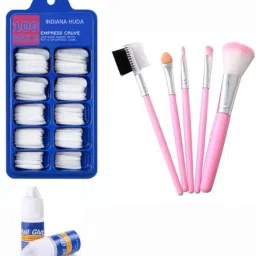 100 Pcs Reusable Acrylic False Nails With Nail Glue & 5In1 Soft Bristle Makeup Brush-72