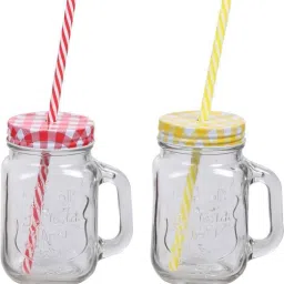 Mason Jar combo For Drinks With "Re-Usable" Straws 450 ml Bottle (Pack of 2, Multicolor) Glass Mason Jar-16