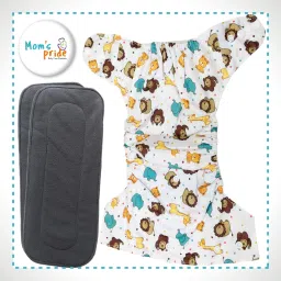 mom's pride Reusable Exclusive Pocket Cloth Diaper with 2 Charcoal Insert - ZOO White image 3