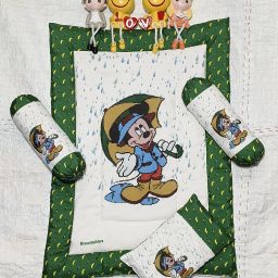 Baby Bedding Set – Rainy Day Mickey Theme (Green Border) Baby Bedding Set Soft Mattress Crib Set Includes Pillow & Two Bolsters-image-18