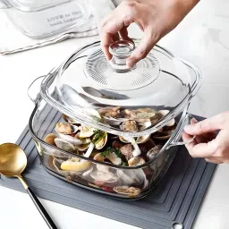 Glass Serving Bowl 2150 ML Microwave Dishwasher Safe Tempered Casserole Pot with Lid-image-44