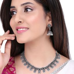 Yellow Chimes Oxidised Silver-Plated Floral Shaped Kolhapuri Jewellery Set-picture-44