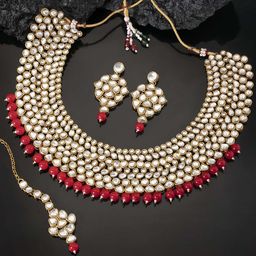 Peora Gold Plated & Red Handcrafted Kundan & Pearl Studded Bridal Jewellery Set-image-36