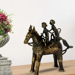 SHREE KALA HOME DECOR Bronze-Toned Solid Monkey Duo On A Tribal Horse Showpieces-image-1