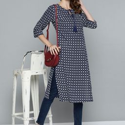 HERE&NOW Women Navy Blue & White Pure Cotton Ethnic Motifs Print Kurta-image-94