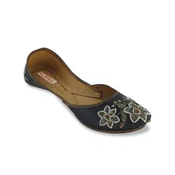 Fulkari Women Charcoal Grey Embellished Leather Mojaris-picture-8