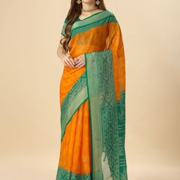 Mitera Yellow & Green Floral Printed Zari Pure Chiffon Saree-image-55