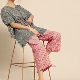 Varanga Blue And Pink Floral Printed Kaftan Palazzo Set With Dori And Tassel.-image-18