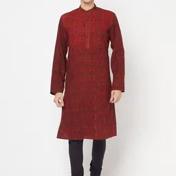 Fabindia Men Red & Black Geometric Printed Cotton Kurta-picture-3