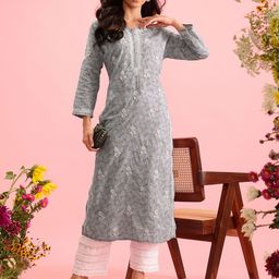 ADA Women Plus Size Grey Floral Embroidered Chikankari Kurta-image-62
