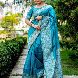 NK Textiles Turquoise Blue & Beige Raw Silk Bhagalpuri Saree-image-60