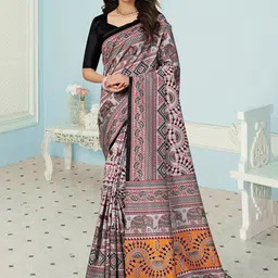 Mitera Grey & Orange Warli Art Silk Sambalpuri Saree-image-38