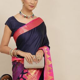 Ishin Navy Blue Solid Zari Saree-image-39