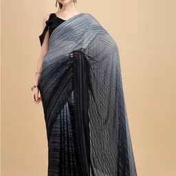 KALINI Black Women Georgette Striped Printed Saree With Blouse Piece-20