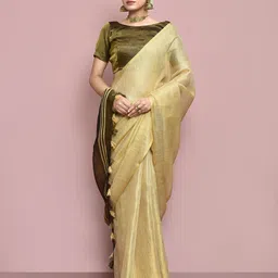 elora Beige & Olive Green Zari Tissue Chanderi Saree-picture-0