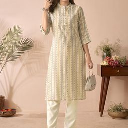 Anouk Grey Striped Mandarin Collar Chanderi Silk Straight Kurta-picture-14